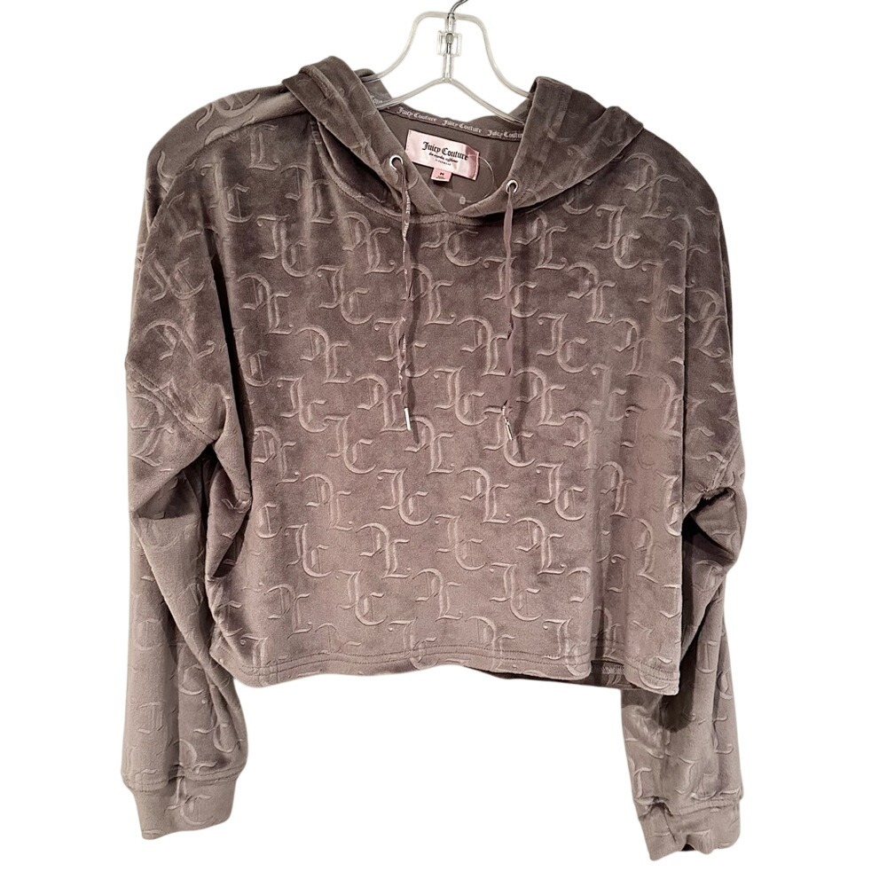Juicy Couture Embossed Velour Cropped Pullover Hoodie Women's Medium Gray NWOT